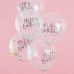 Ballon transparent med konfetti og Happy Birthday