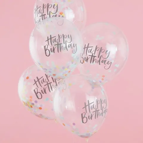 Ballon transparent med konfetti og Happy Birthday
