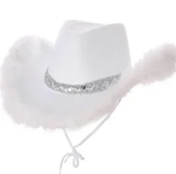 Cowboyhat i hvid med fjerkant og pailletter