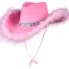 Cowboyhat i lyserød med fjerkant og pailletter