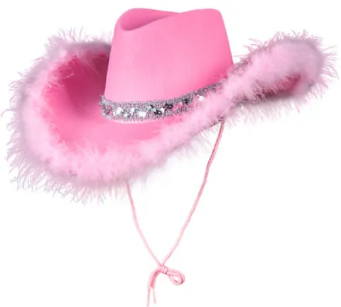 Cowboyhat i lyserød med fjerkant og pailletter