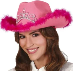 Cowboyhat i lyserød med tiara