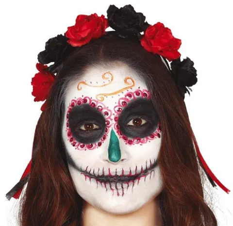 Day of the dead hårbøjle med blomster i sort-rød