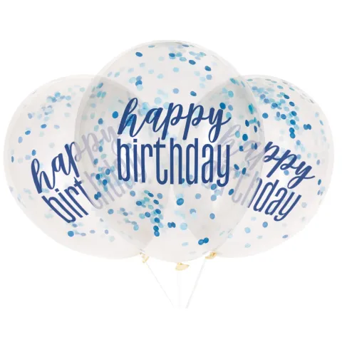 Happy birthday balloner med konfetti i blå