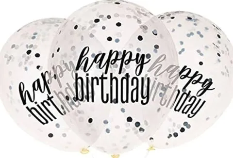 Happy birthday balloner med konfetti i sort