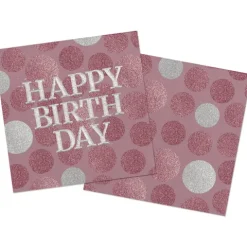 Happy birthday servietter - Lyserød og sølv