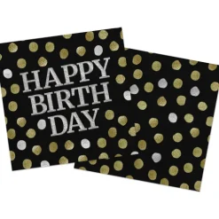 happy birthday servietter - sort/guld/sølv