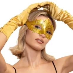 Øjenmaske i guld med ornament og glitter