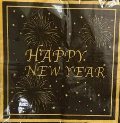 Nytårs servietter i Sort Happy new year med guldkant