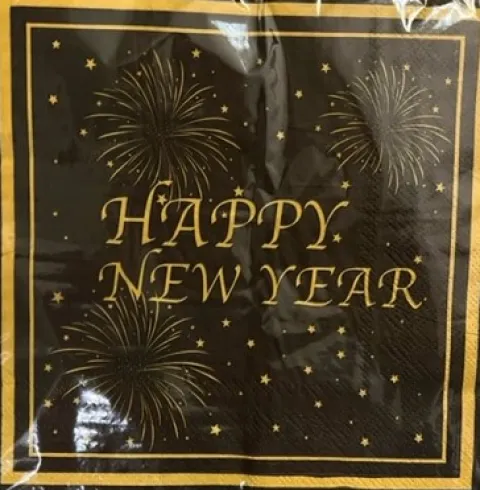 Nytårs servietter i Sort Happy new year med guldkant