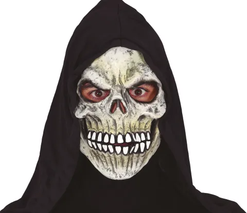Skelet maske i latex med sort hætte