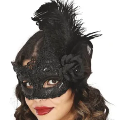 Sort blonde maske med fjer og blomst