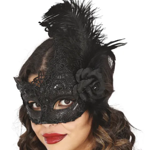 Sort blonde maske med fjer og blomst